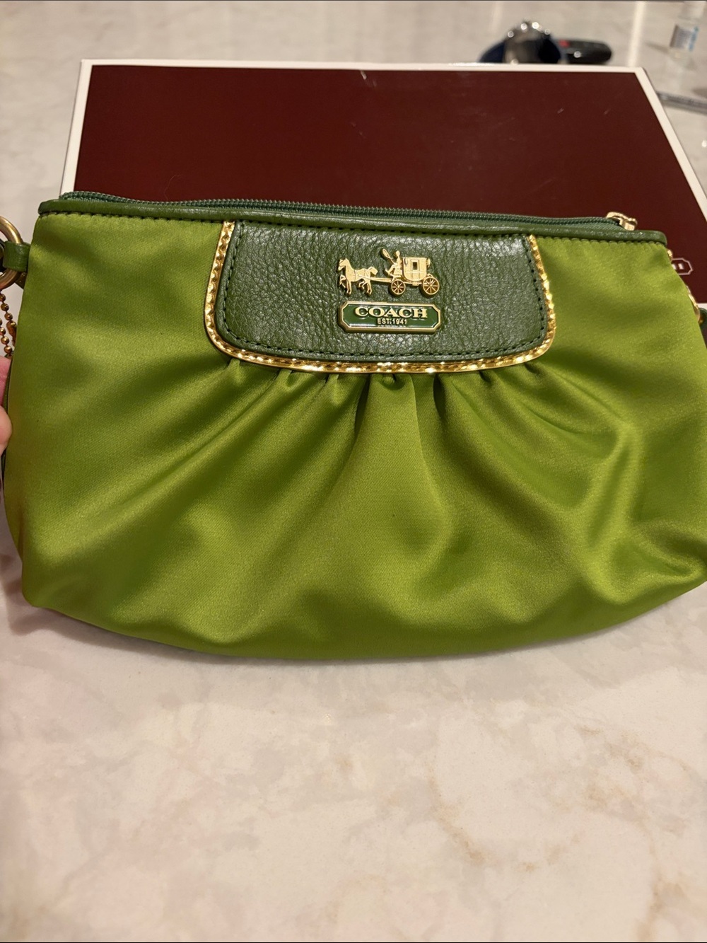 Coach Lime Green Satin Wristlet with Dark Green Leather Trim and Gold Hardware